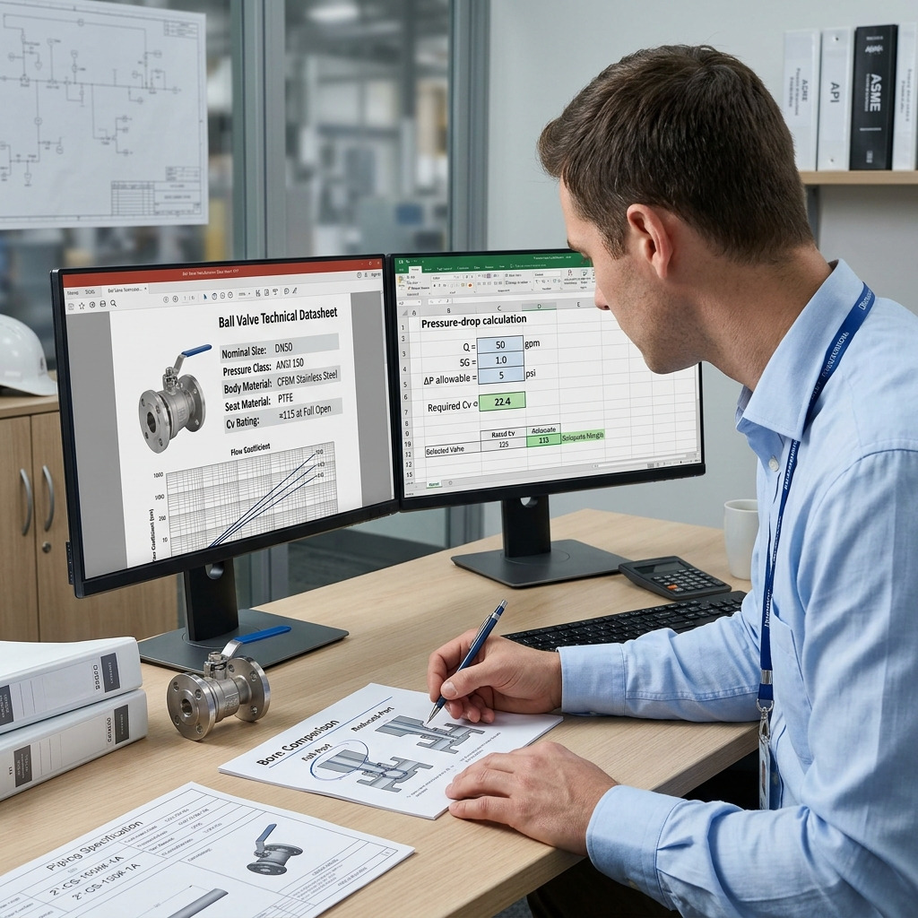 Engineer reviewing ball valve pressure drop data sheet before procurement