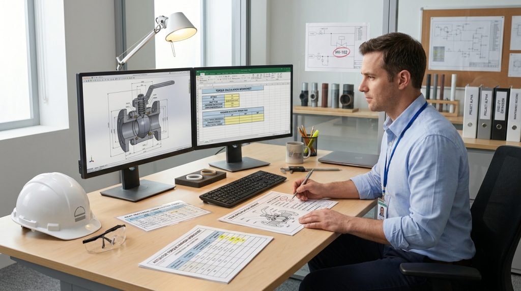 Engineer reviewing ball valve seat material and actuator torque specification
