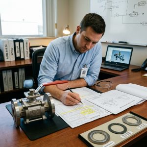Engineer checking flange class and valve datasheet for a flanged ball valve