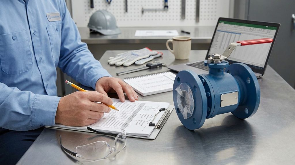 Engineer reviewing full port ball valve RFQ details with valve datasheet