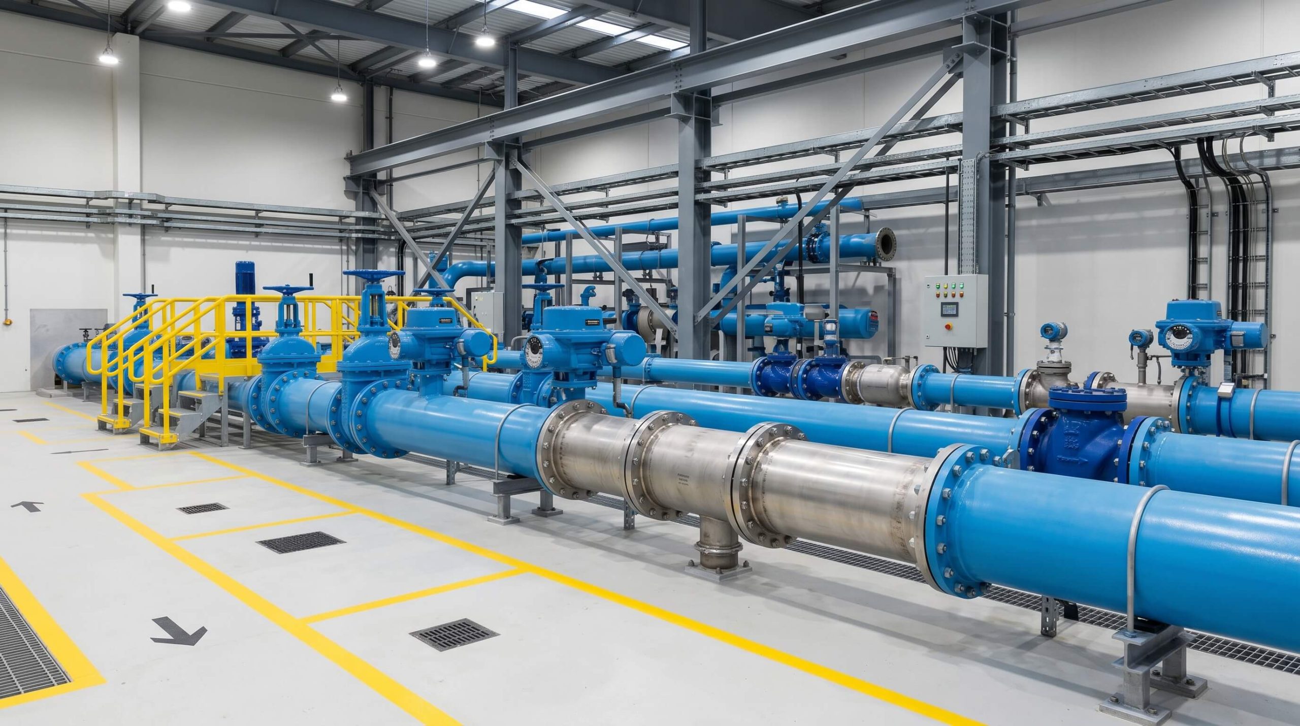 Pristine, newly installed industrial valve system in a modern water treatment facility, demonstrating engineering precision.