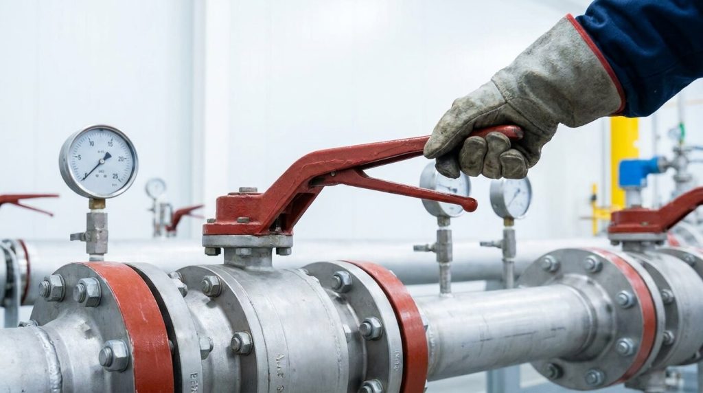 Field technician operating a manual lever ball valve on a stainless steel pipeline with pressure gauges