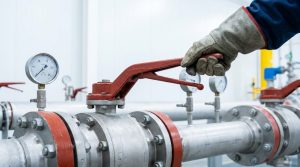 Field technician operating a manual lever ball valve on a stainless steel pipeline with pressure gauges