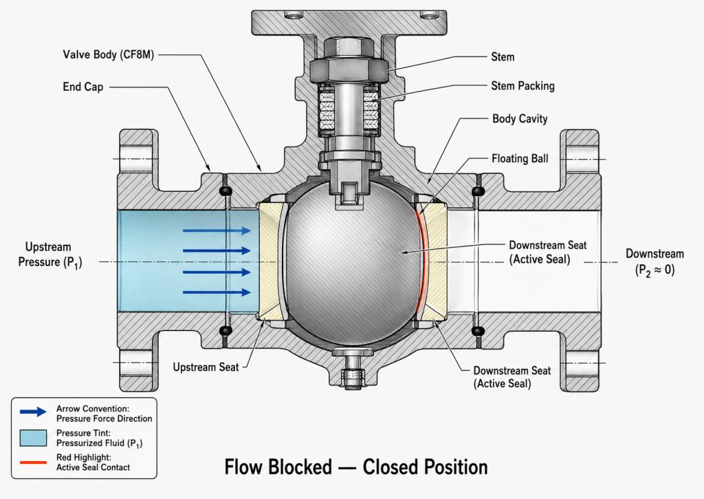 Cross-sectional diagram of ball valve seats and ball interface