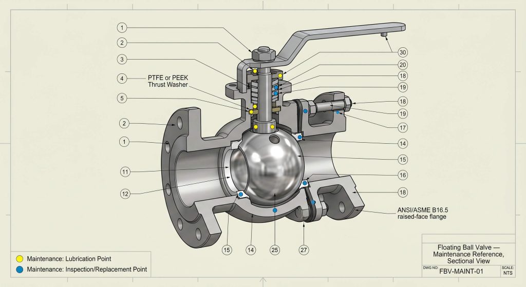 Exploded engineering drawing of a floating ball valve detailing the maintenance points, including seat rings, body seals, stem packing, and thrust washers.