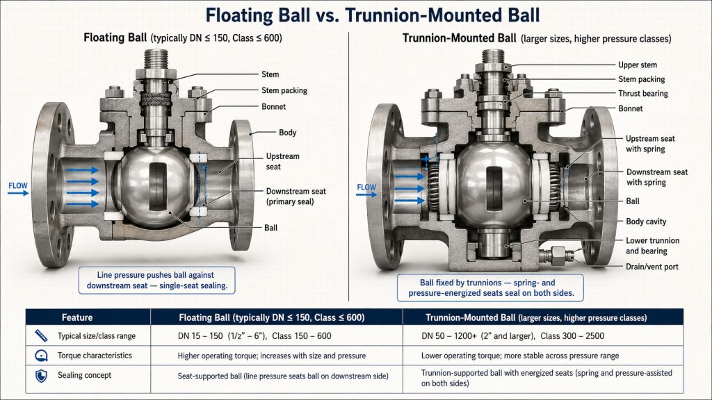 Floating versus trunnion mounted flanged ball valve internal support