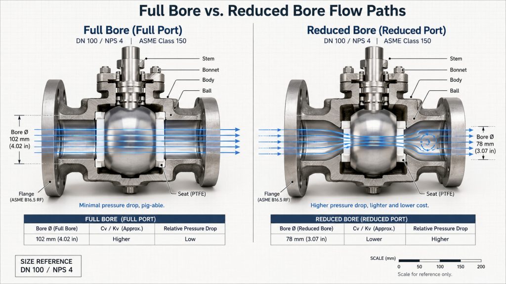 Full bore and reduced bore flanged ball valve flow paths