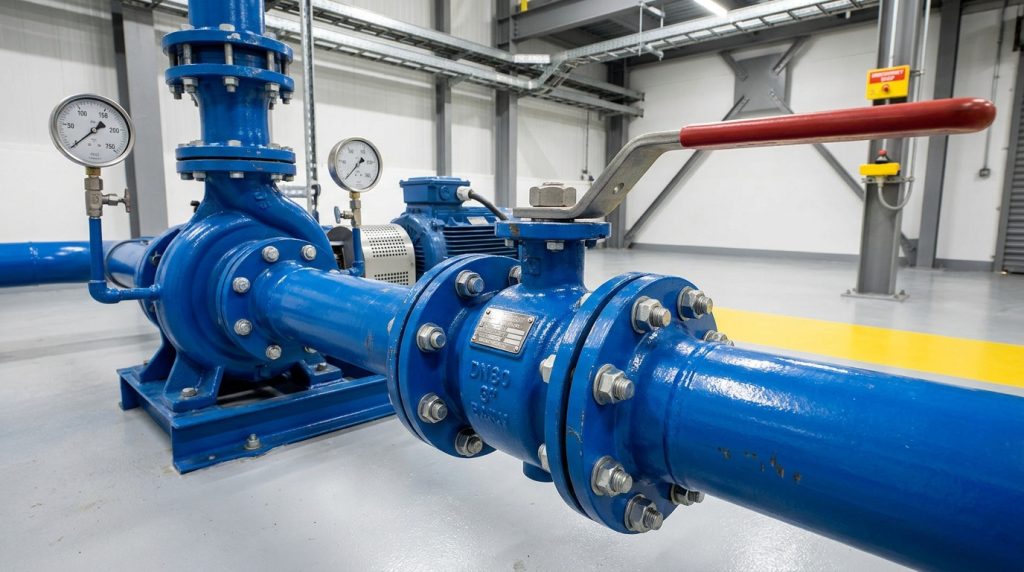 Full port flanged ball valve installed on an industrial pump discharge line