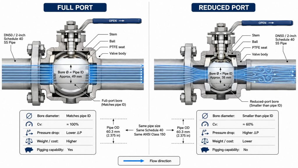 Full port and reduced port ball valve bore comparison in the same pipe size