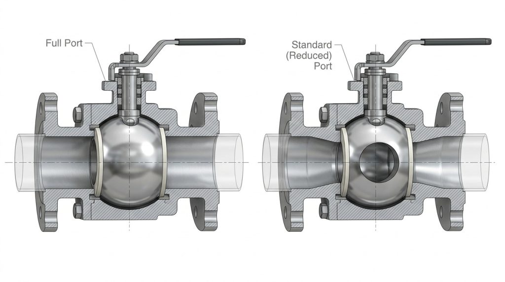 Ball valve full port cutaway showing bore alignment with pipe bore