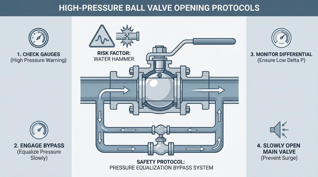 High-pressure ball valve safety infographic showing a bypass pressure equalization loop design