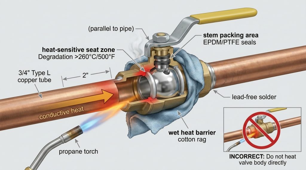 Technical diagram showing how to sweat a ball valve without damaging it by keeping torch heat away from seats and stem packing
