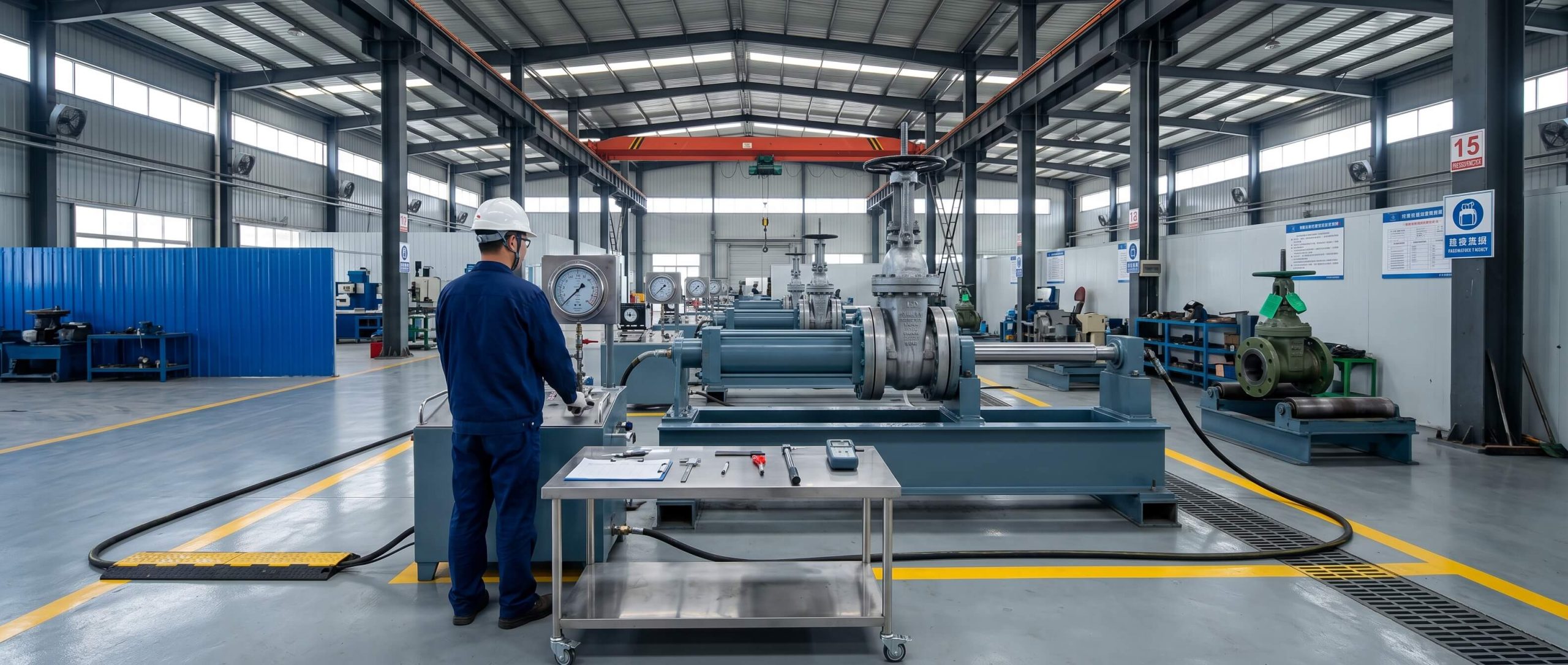 Hydrostatic pressure testing rig for large industrial valves