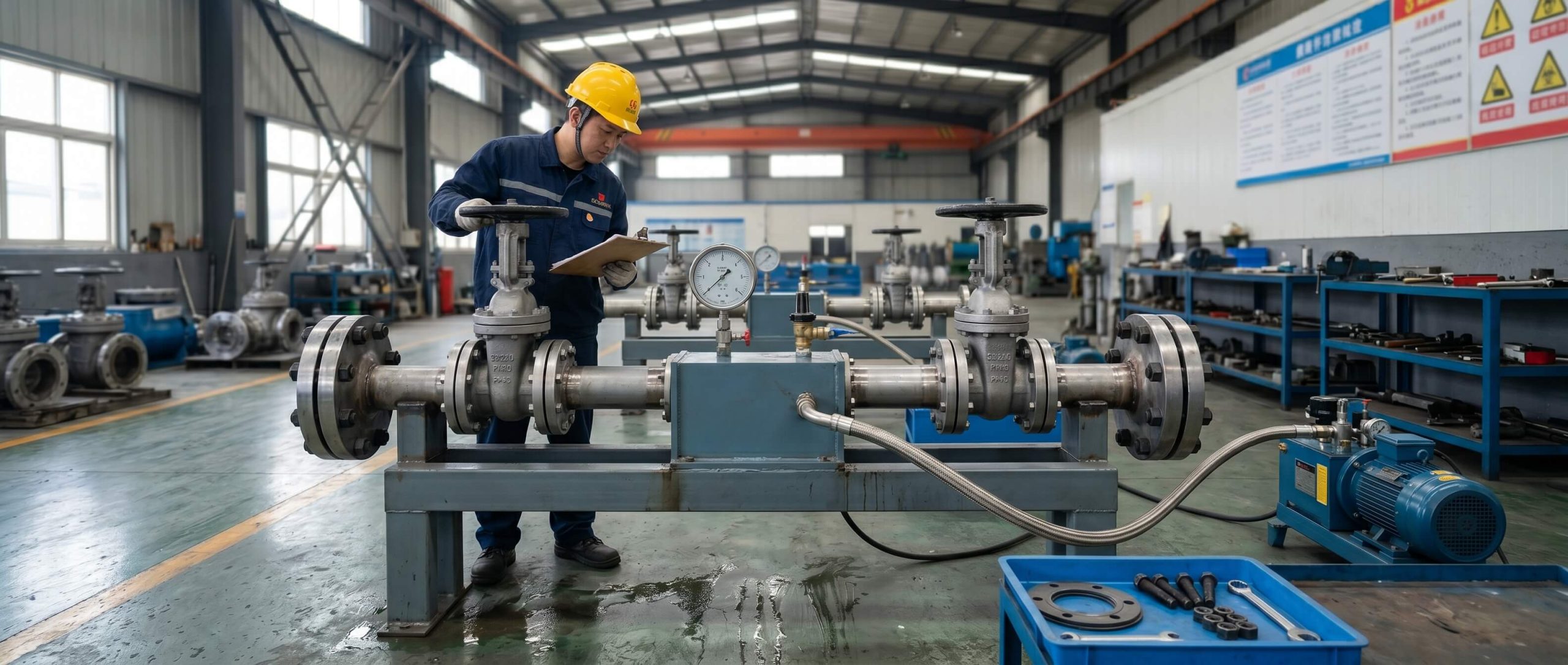 Hydrostatic pressure testing of industrial valves in a modern facility.