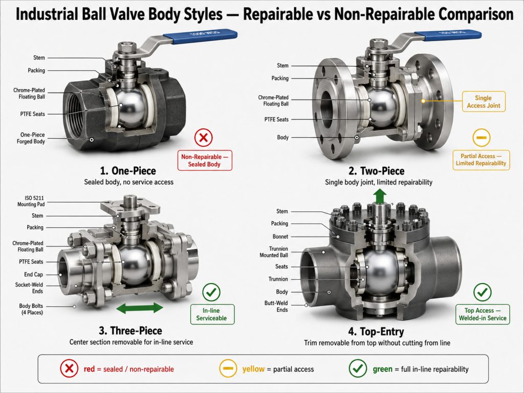 Repairable and non-repairable industrial ball valve body styles