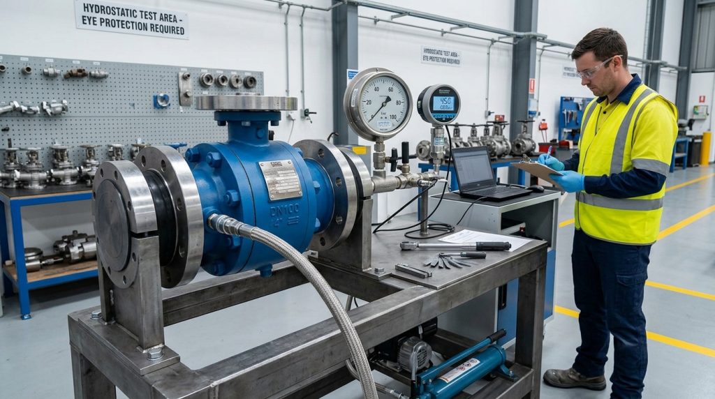 Industrial ball valve hydrostatic pressure testing on a factory test bench