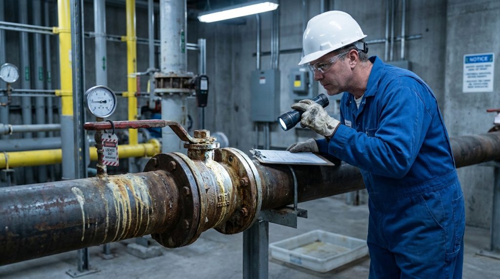 Technician inspecting a corroded industrial valve before replacing a ball valve