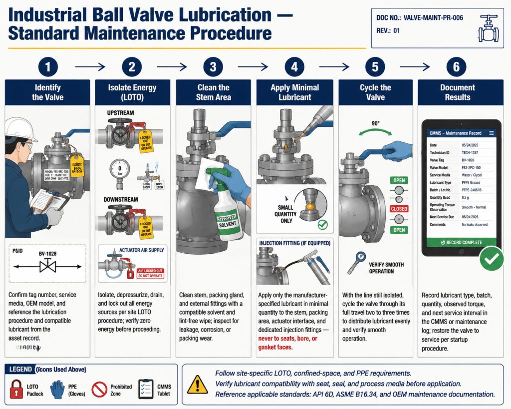 Step by step industrial ball valve lubrication maintenance workflow