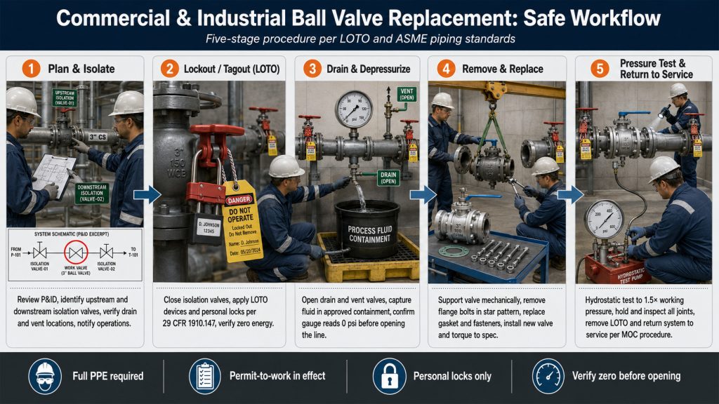 Facility valve replacement workflow with isolation lockout draining replacement and pressure testing steps