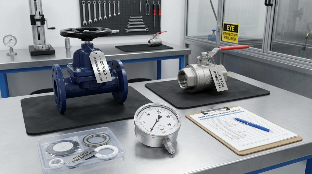 Industrial valve inspection bench with pressure gauge and specification sheet