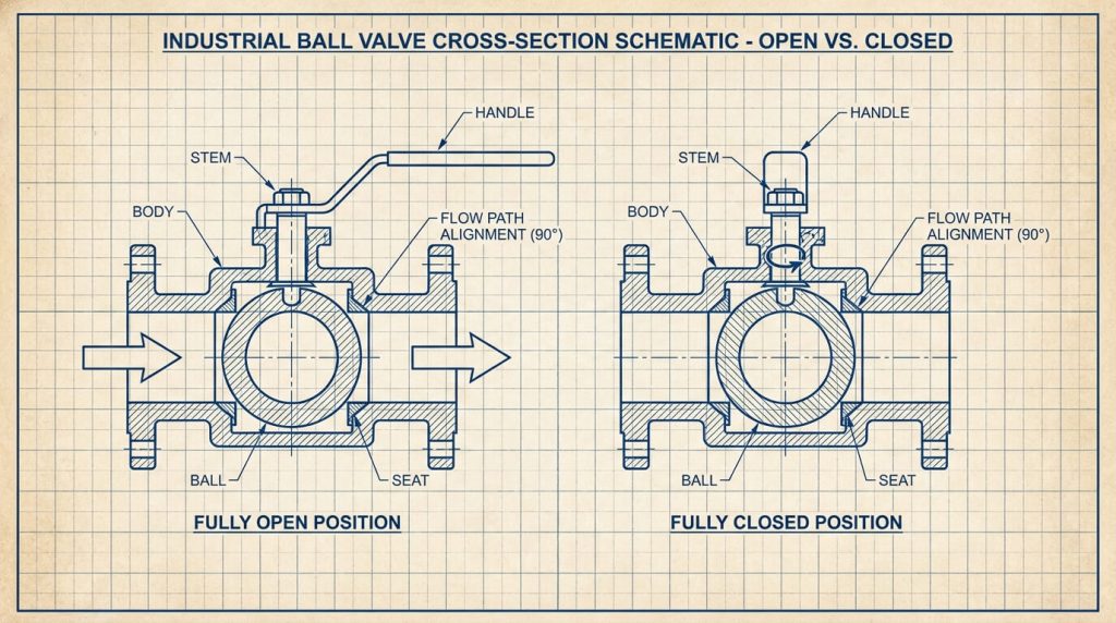 Industrial ball valve cross-section schematic showing the internal ball, seat, stem, and flow path alignment in fully open vs fully closed positions