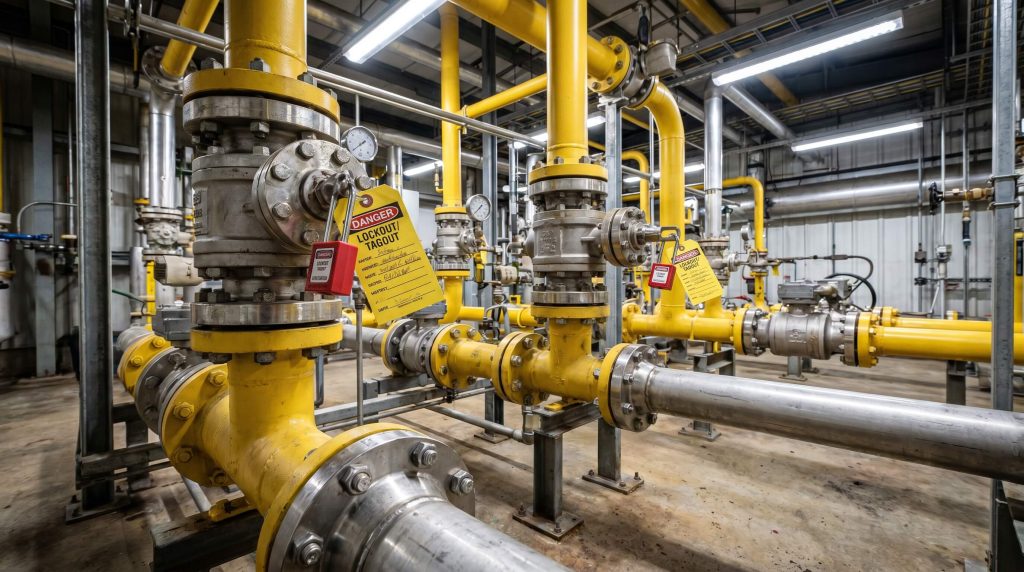 Industrial piping manifold with yellow pipes and LOTO padlocks