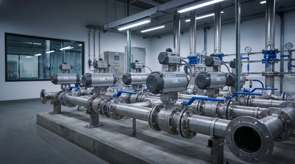 Modern Industrial Pipeline Manifold with Ball Valves