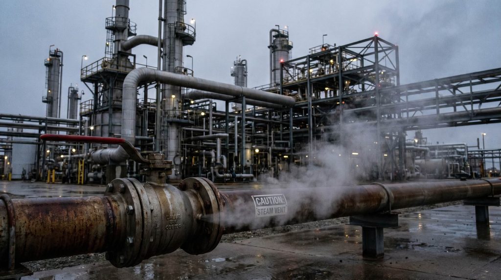 Industrial Pipeline Processing Plant with Leaking Steam Valve
