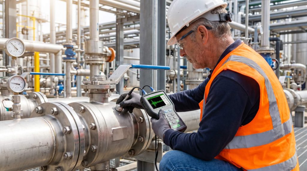 Plant Technician Performing Ultrasonic Leak Detection on Industrial Valve