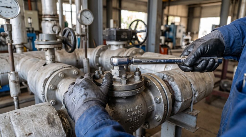 Field Technician Applying Torque to Industrial Ball Valve Gland Nut
