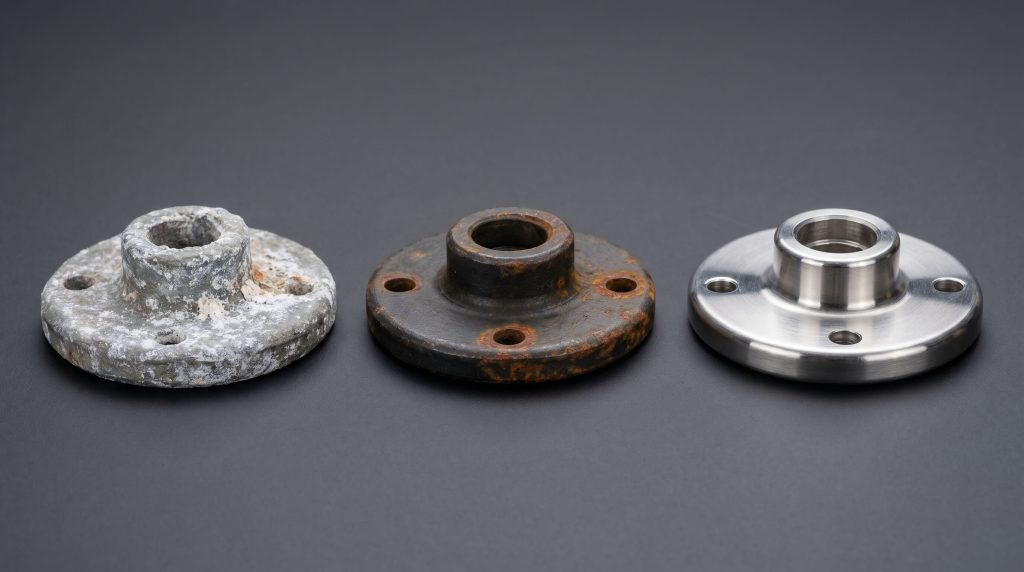 Three industrial valve handle adapters showing different stages of corrosion