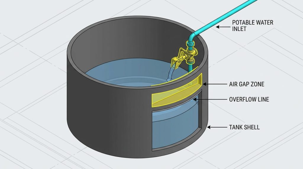 3D Isometric Industrial Water Tank Inlet with Air Gap Spill-Slot
