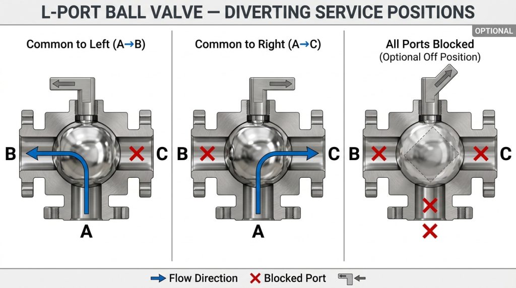 L-port three-way ball valve flow positions for diverting service