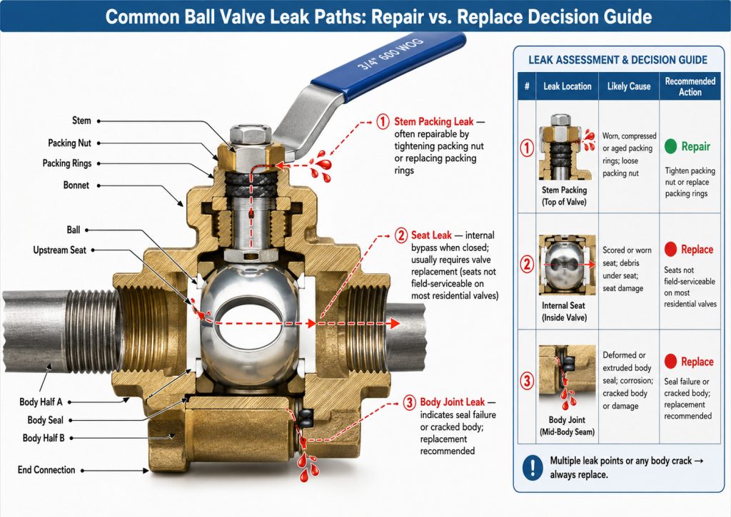 Cutaway view of a leaking ball valve showing stem packing seat and body joint leak paths