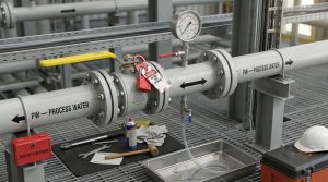 Lockout tagout setup on a stuck industrial ball valve before maintenance