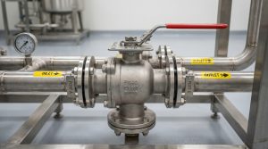 Manual 3-way ball valve with handle position indicator on an industrial skid