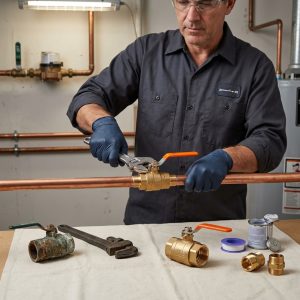 Licensed plumber installing a new brass ball valve on a residential copper water supply line during a replacement service call
