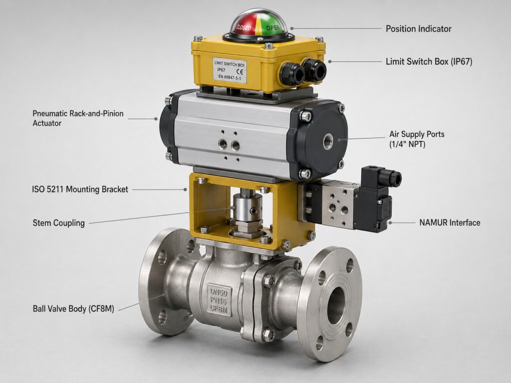 Industrial automated ball valve assembly with pneumatic actuator