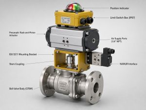 Industrial automated ball valve assembly with pneumatic actuator