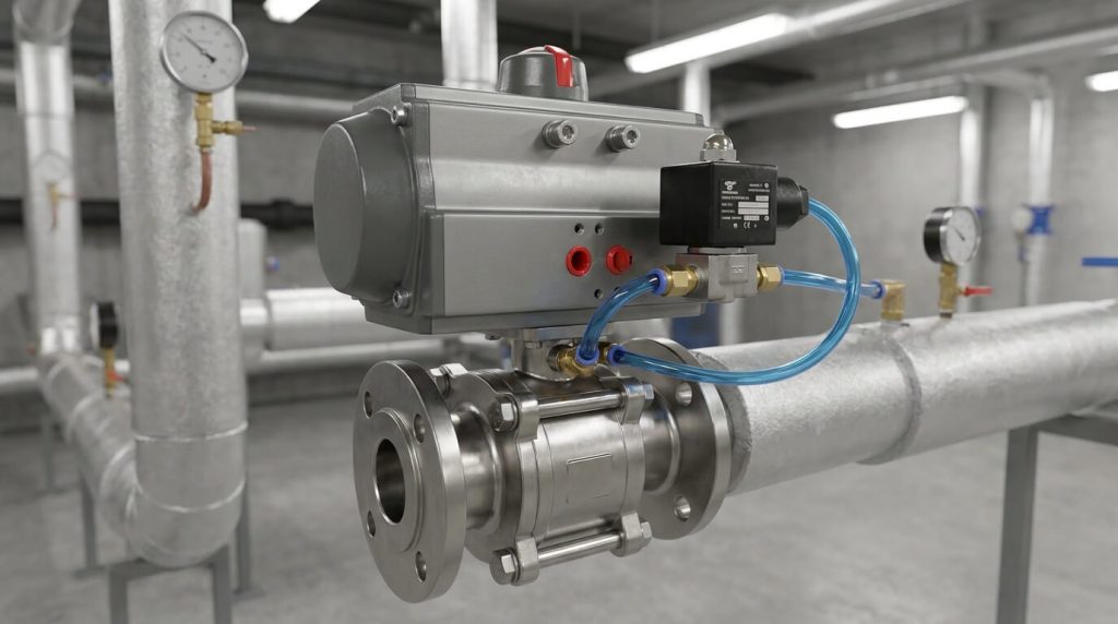Pneumatic rack and pinion actuator mounted on a flanged industrial ball valve with solenoid control valve