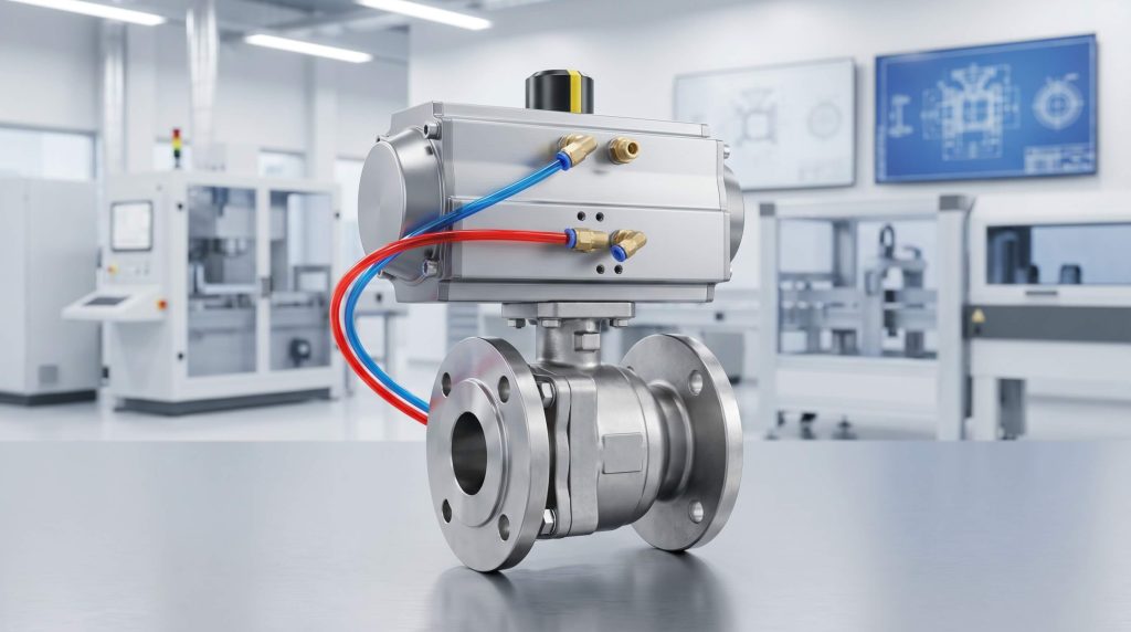 Anodized aluminum pneumatic actuator mounted on a stainless steel valve