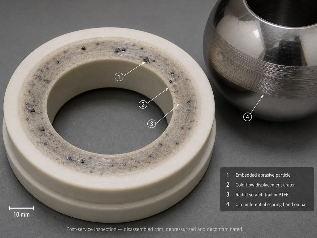 Abrasive wear patterns on a polymeric valve seating surface