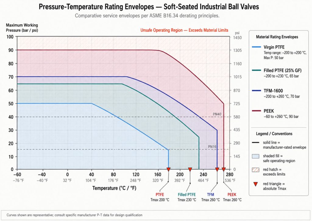 Temperature and pressure envelope curves for soft-seated industrial valves