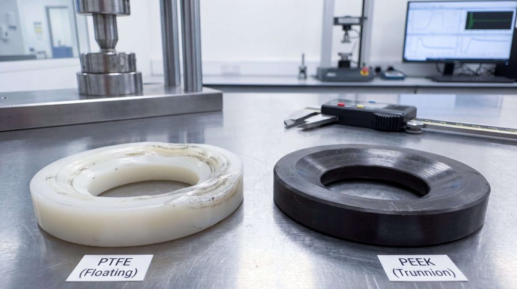 Polymer valve seats wear comparison: PTFE (Floating) vs PEEK (Trunnion)