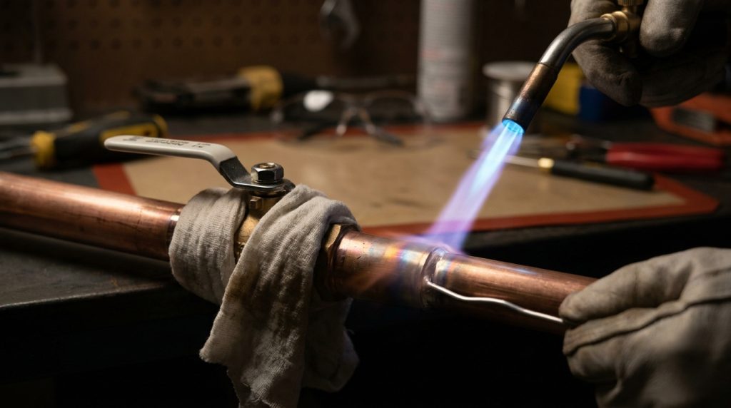 Controlled torch angle on a sweat-end ball valve with a damp heat barrier around the center body