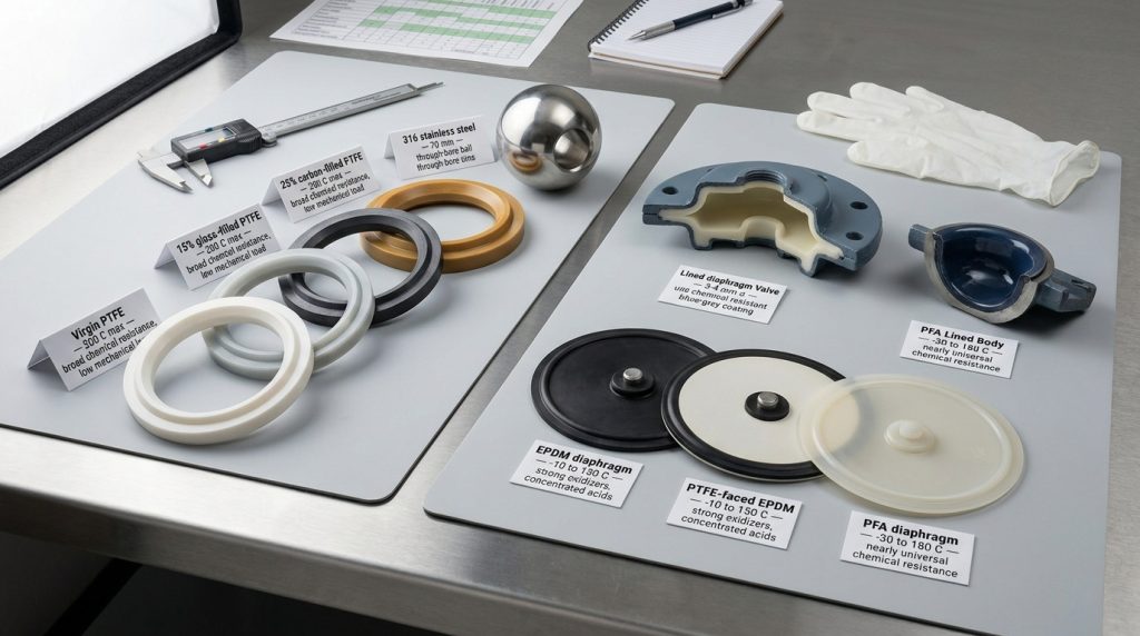 Valve seat and diaphragm material samples for temperature and chemical review