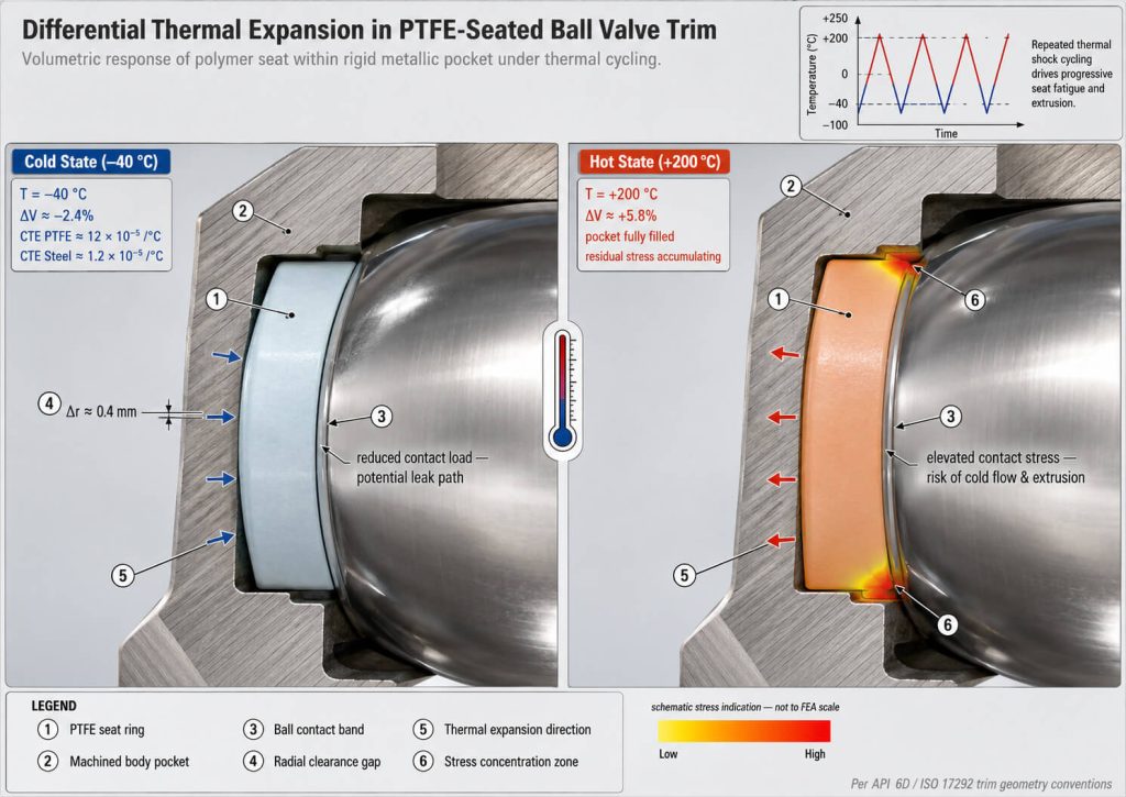 Thermal expansion effects on a ball valve ptfe seat under cycling