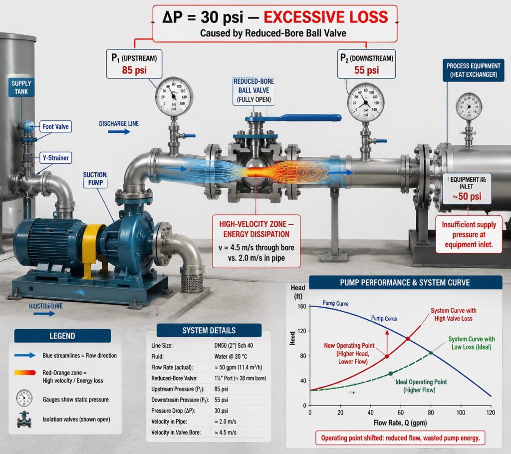 Pumping system showing excessive pressure drop through a reduced bore ball valve