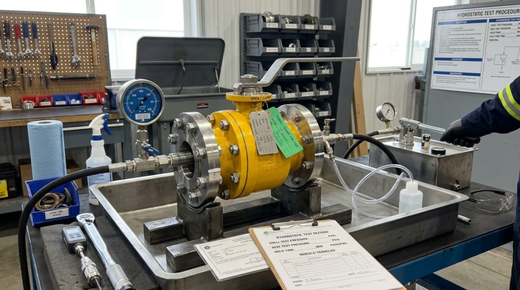 Reassembled industrial ball valve on a test bench before return to service