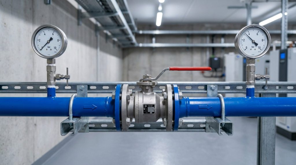 Industrial ball valve installed in a utility pipeline with pressure gauges
